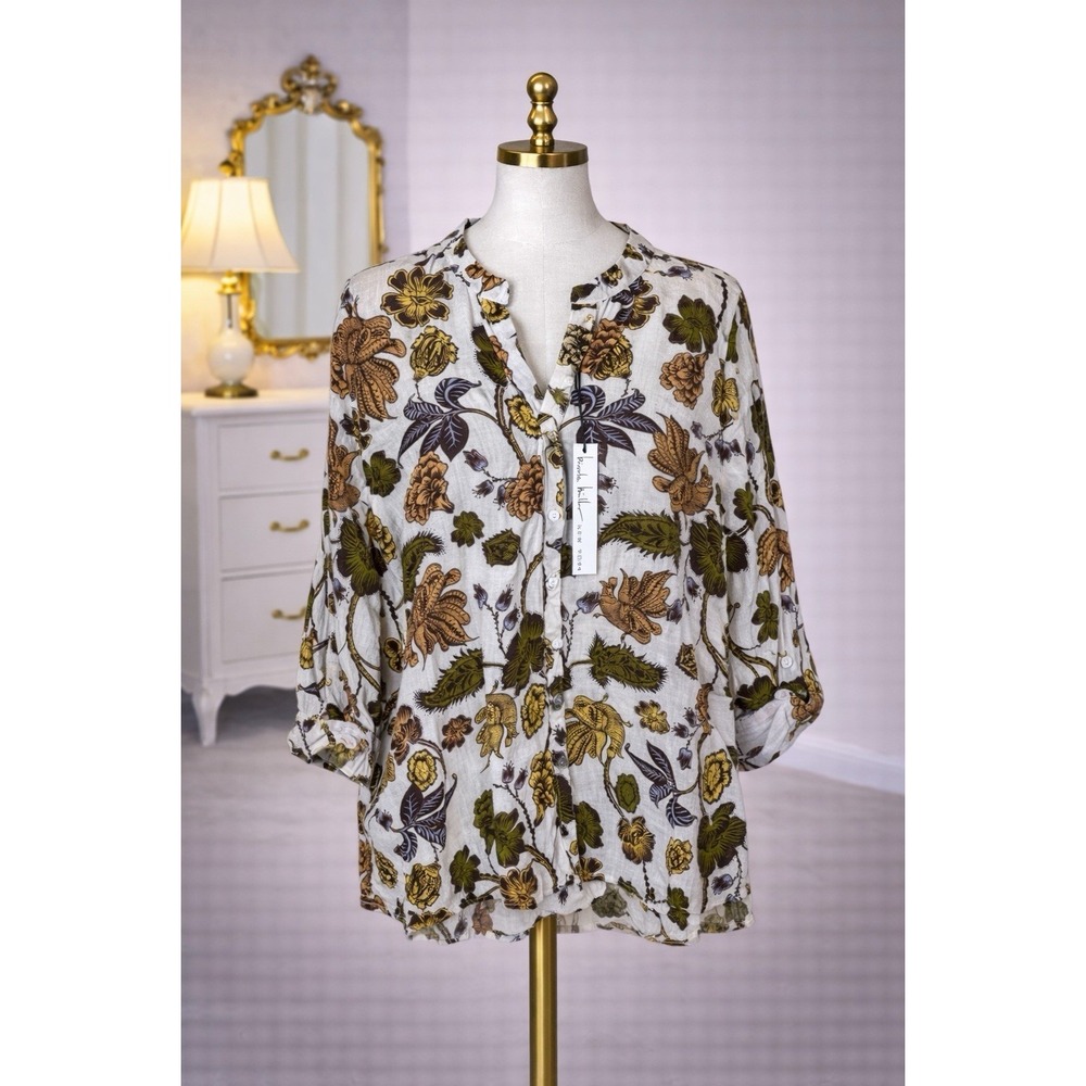 New Nicole Miller 100% Linen European Flax Button‎ Down Shirt Neutral Floral S